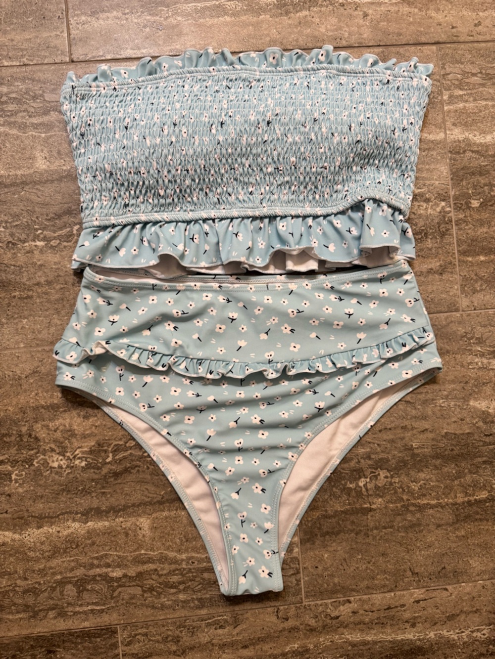Ditsy Blue Floral High Waisted Strapless Swimsuit Bikini Smocked Ruffle Large